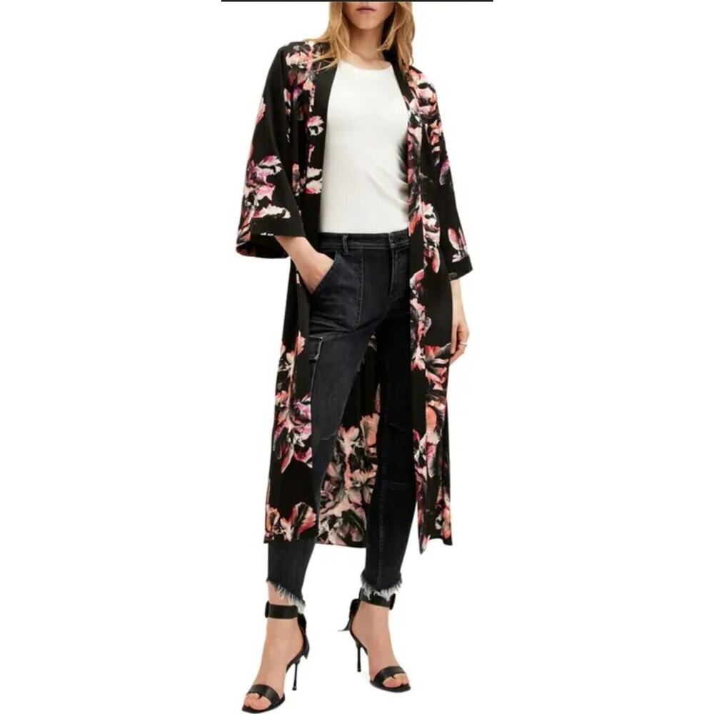 Nikki Erin Womens L/XL Long Kimono Open Front Lightweight Floral Lace Edged